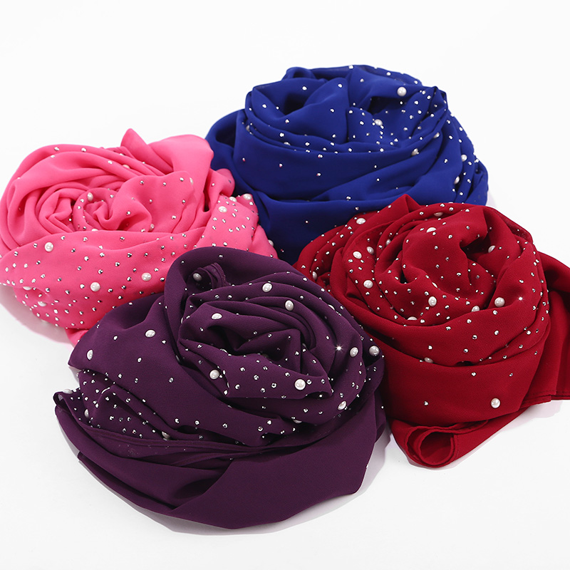 Women's Bubbles Chiffon Scarf With diamond studs Pearls scarf plain hijab shawls Wraps solid color muslim hijab scarf