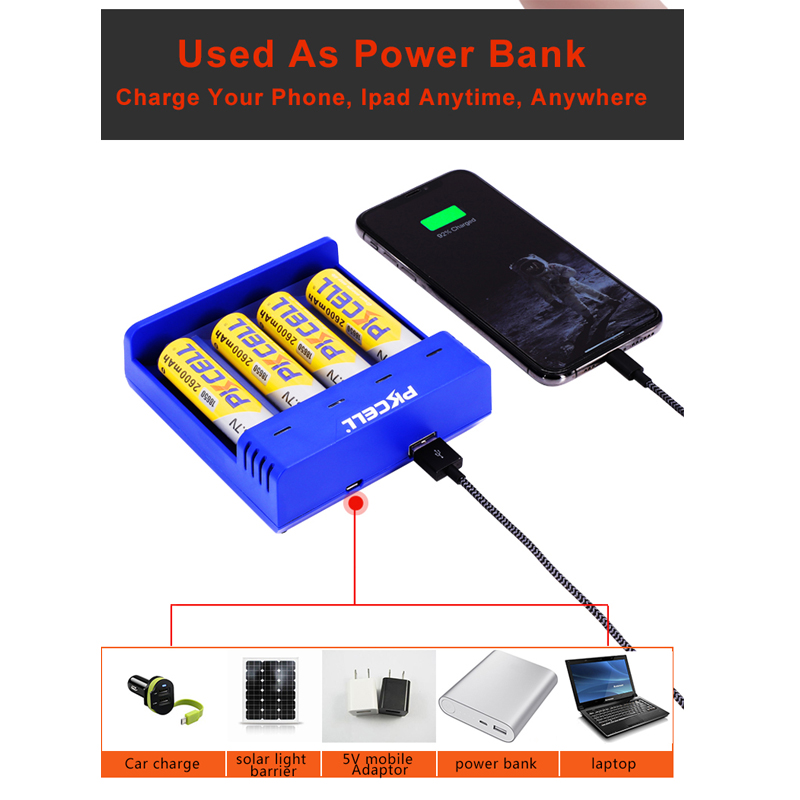 1PC PKCELL 4slot battery charger charging 3.7v 18650 18350 16340 14500 26650 Li-ion rechargeable battery charger USB independent