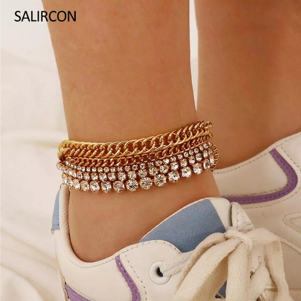 Salircon 5pcs Luxury Clear Rhinestone Anklet Bracelet Set Fashion Cuban Chain Tennis Crystal Anklet Women Beach Jewelry Gift
