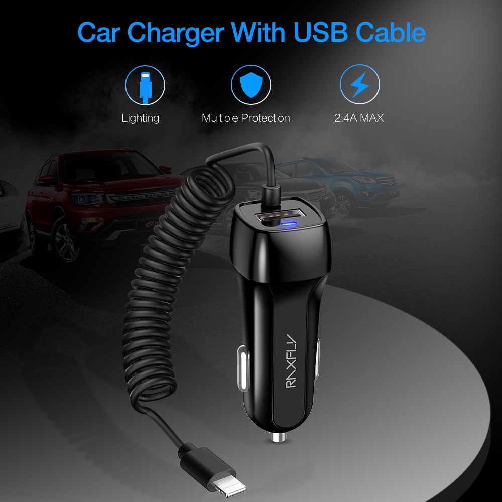 RAXFLY 10W USB Car Charger With Spring USB Cable Cigarette Lighter For iPhone Lighting Cable Micor USB Car Charger Type C Cable