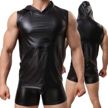 Men's Faux Leather Vest Fashion 2021 Tank Top Men Sleeveless Casual Solid Mens Tank Tops Shirt and Boxer Shorts Set