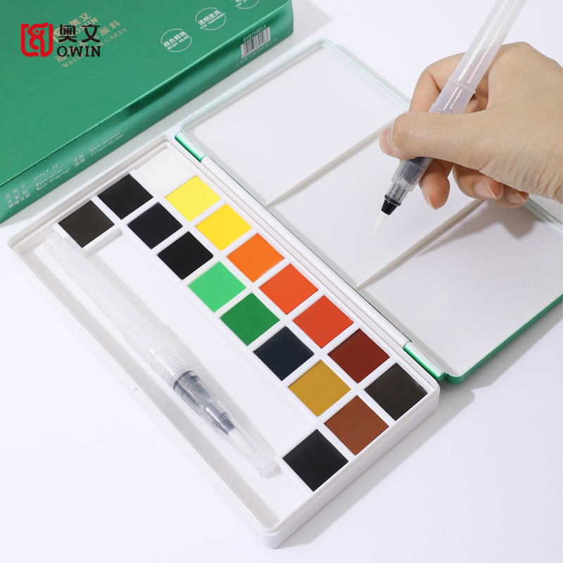 Owin 18/24 Colors Portable Travel Solid Pigment Watercolor Paints Set With Water Color Brush Pen For Painting Art Supplies