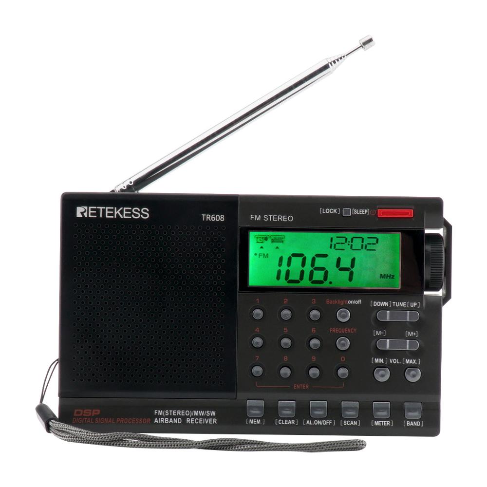 RETEKESS TR608 Portable Radio Aviation Band FM MW SW Air Band Receiver Radio Aerial Band Receiver Speaker with LCD Display