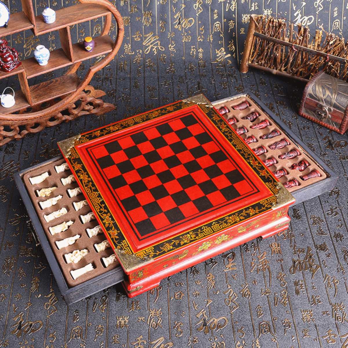 32Pcs/Set Wood Chess Chinese Retro Terracotta Chessman Chess Wood Do old Carving Resin Chessman Birthday Christmas Gift