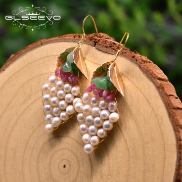 GLSEEVO Handmade Original Design Natural Fresh Water Dangle Earrings For Women Leaf Grape Drop Earrings For Women Jewelry GE0917