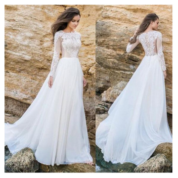 2020 Long Sleeve Wedding Dresses Chiffon A-Line Lace Wedding Gowns vestidos de novia Free Shipping Scoop Neck Vestido De Noiva