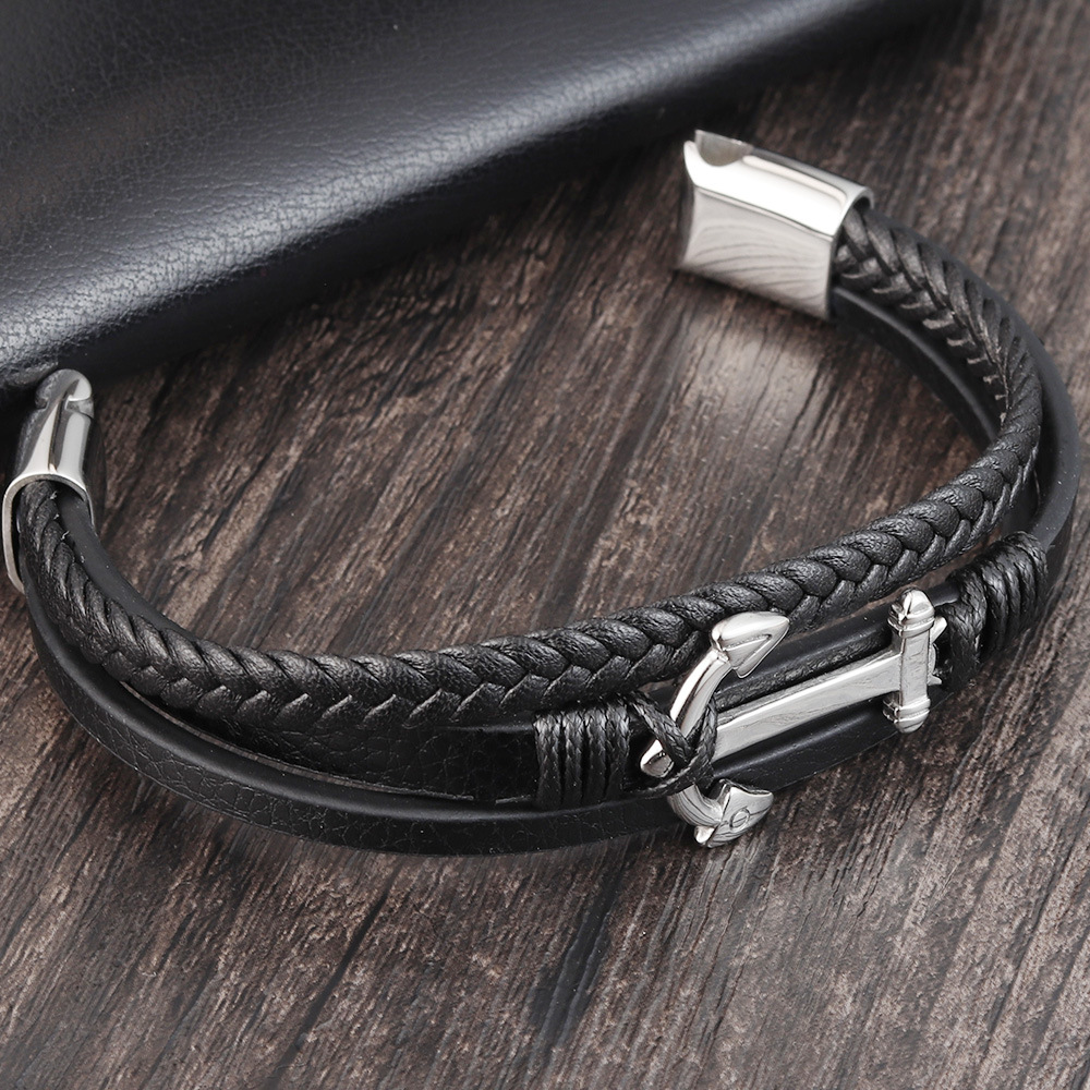 LAMEMDEE Punk Stainless Steel Anchor Bracelets Genuine Leather Bracelet & Bangles for Men Jewelry Black Color Fashion Gift