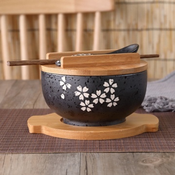 Japanese Bowl Instant Noodles Tableware Dining Room Tableware Salad Ceramic Bowl Bring Wooden Spoon Wooden Chopstick