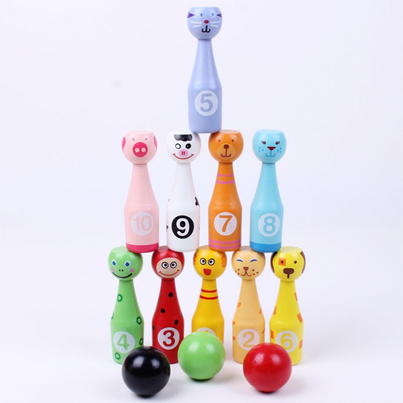 13pcs/set Wooden Bowling Set 10 Pins 3 Ball Animal Bowling Game for Children Indoor Family Sports Educational Toy