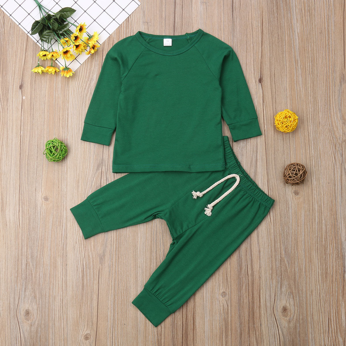 Casual Newborn Baby Boy Girl Solid Color Long Sleeve Cotton T-shirt Tops Long Pant 2PCS Homewear Baby Clothing Set