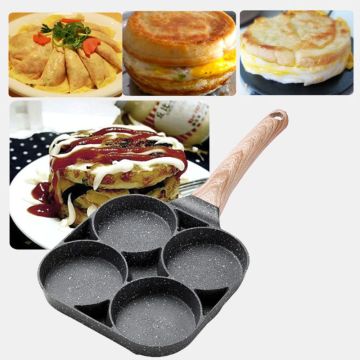 4 Hole Omelet Pan for Burger Eggs Ham Pancake Maker Wooden Handle Frying Pot Non-stick Breakfast