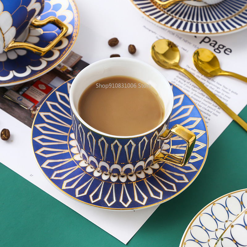 European Style Coffee Set Ceramic Cup and Saucer for Tea Time 250ml Diversity Pattern Retro Gold Handle