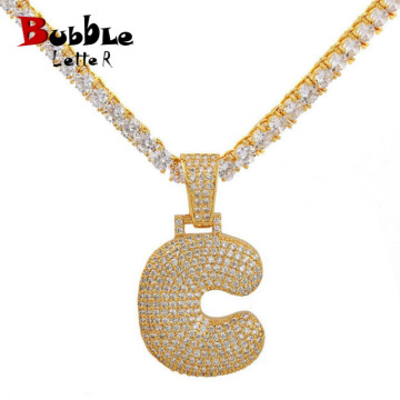 Single Bubble Letters Pendants Necklaces With Tennis chain Cubic Zircon Charm Men's Hip Hop Jewelry