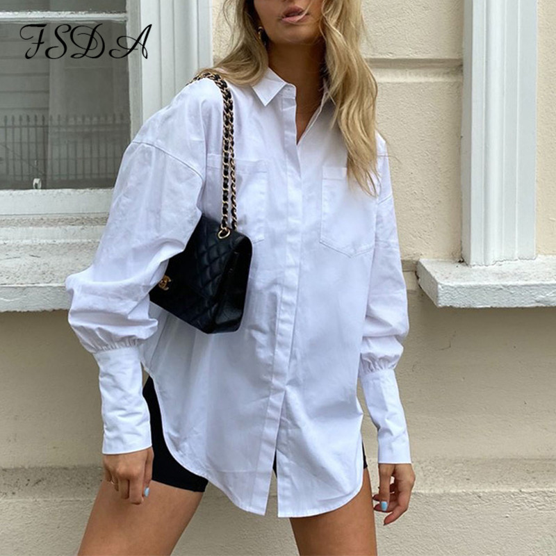 FSDA V Neck 2020 White Blouse Shirts Long Puff Sleeve Loose Black Office Autumn Sexy Elegant Vintage Oversized Shirts Top Ladies