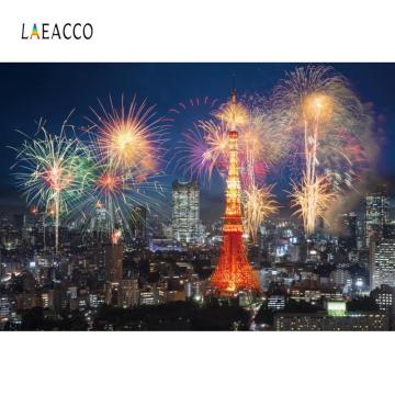 Laeacco Happy New Year Festivals Eiffel Tower Fireworks Firecracker Celebration Night Scenic Photo Background Photo Backdrops