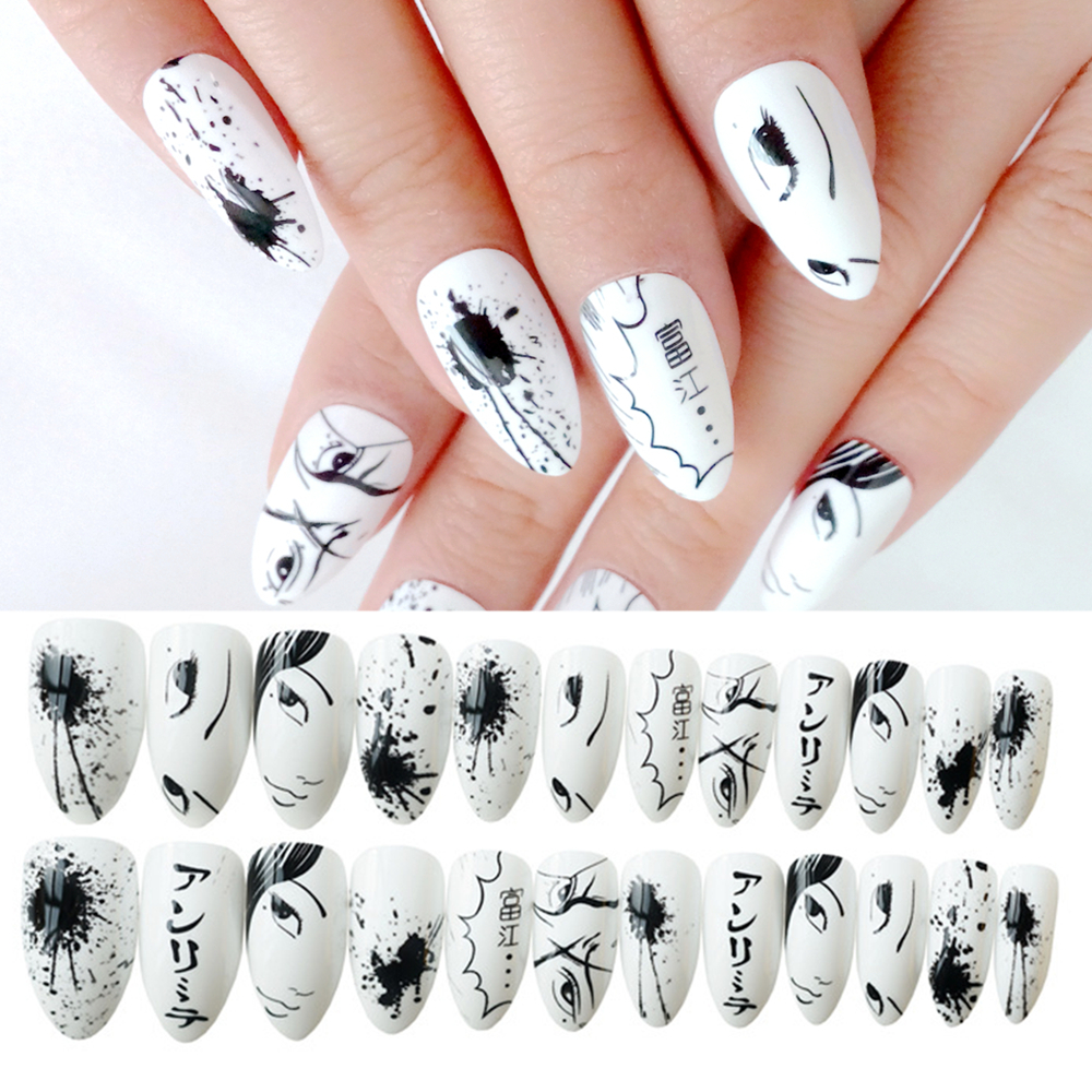 24Pcs Artificial Fake Nails Black White Anime Short Stiletto False Nails DIY Press On Finger Tips Manicure Tool