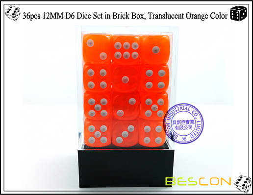 36pcs 12MM D6 Dice Set in Brick Box, Translucent Orange Color-2