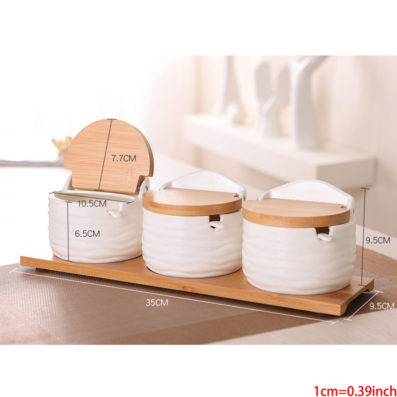 Porcelain Condiment Jar Spice Container with Lids - Bamboo Cap, Wooden Tray Spices Box Storage banks Tea Box Kitchen Storage Can