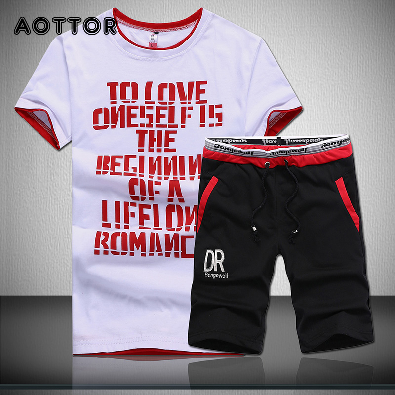 Summer 2 Piece Men's Set Fitness Clothes Man Casual O-neck Letters Printed T-Shirt+ Drawstring Shorts Mans Tracksuit Plus Size