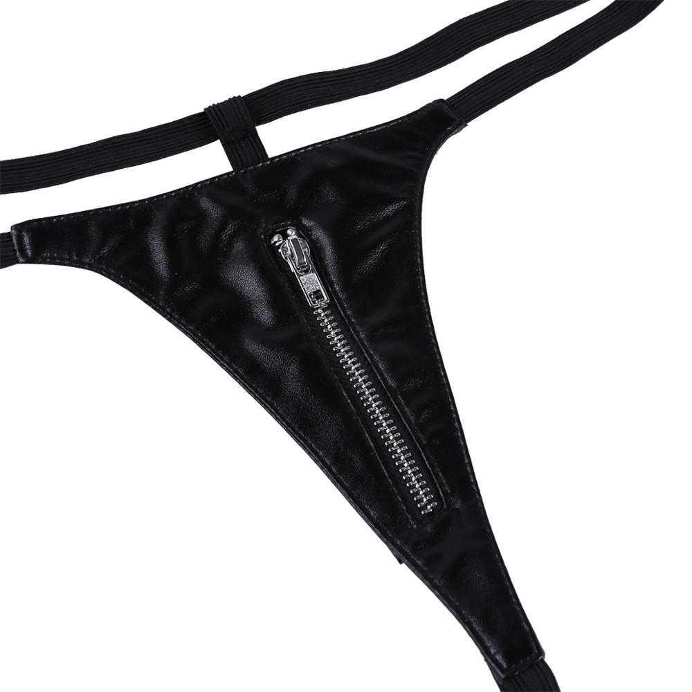 Women Sexy Lingerie Bra and Panties Faux Leather Zipper Closure Bikini Set Halter Bra Top with Mini G-string Thong Underwear