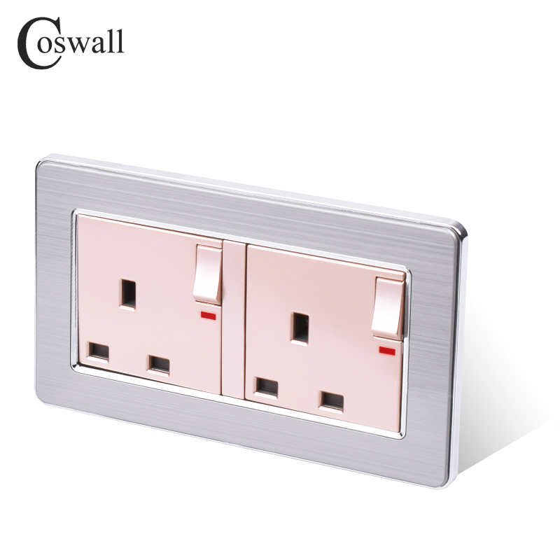 COSWALL Stainless Steel Panel 2 Gang 13A UK / British Standard Switched Socket With Neon Grounded With Children Protective Door
