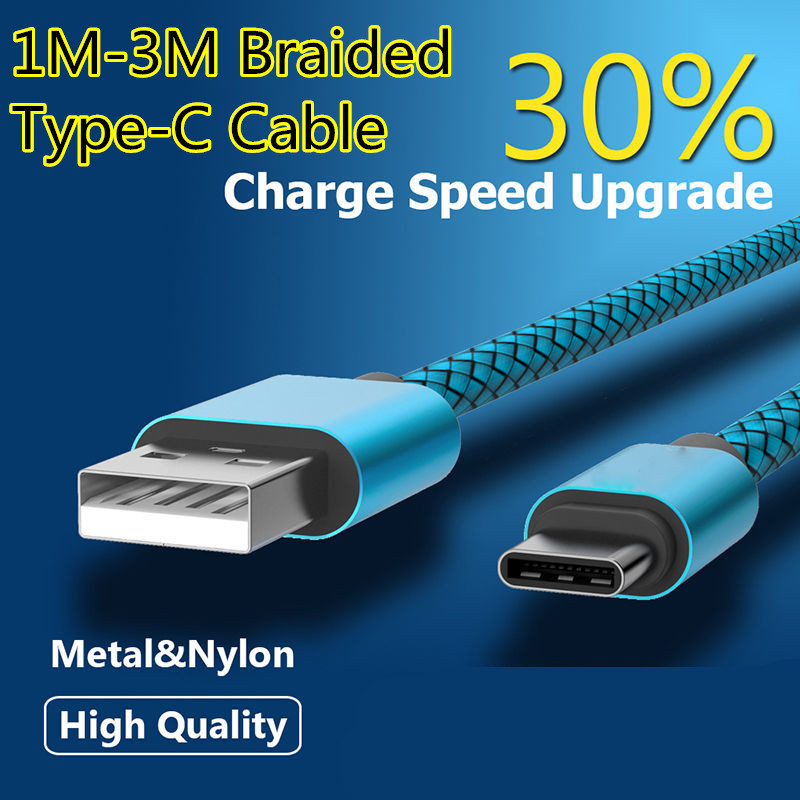 1m/2m/3 Meter Multi-color NEW Braided Quick Charge USB Type C Cable Mobile Phone Fast Charging Wire Line 2.4A USB C Data Cord