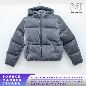 Women Glossy Grey Cropped Hooded Puffer Jacket