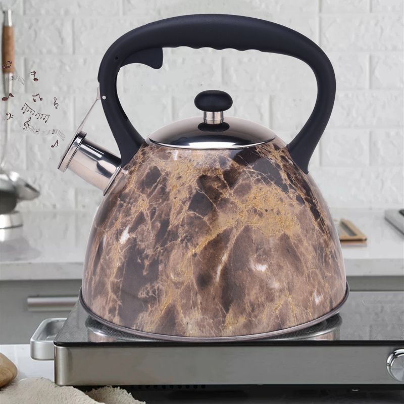 Stainless Steel Whistling Tea Kettle with Brown Pattern