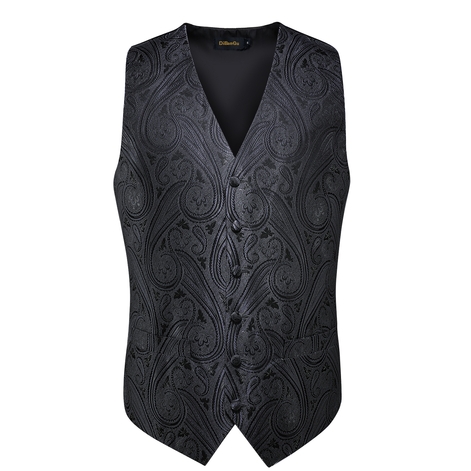 V-neck Men Black Paisley Suit Vests Silk Waistcoat Formal Floral Vest BowTies Cufflinks Pocket Square Set Male Gift J-119 Dobby