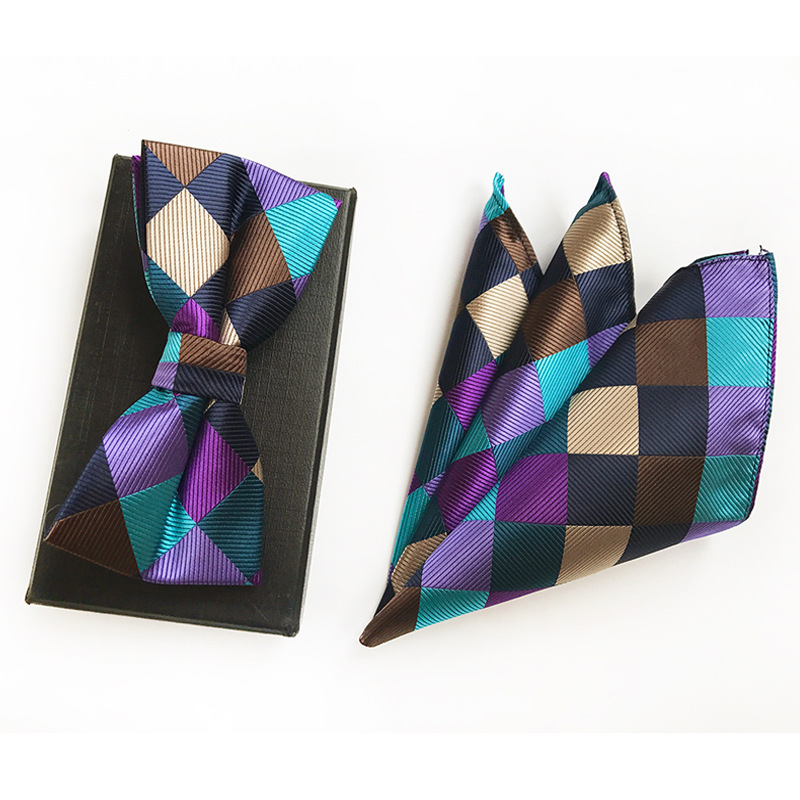 New Check 100% Silk Jacquard Woven Men Polka Dot Plaid Butterfly Self Bow Tie Bowtie Pocket Square Handkerchief Hanky Suit Set