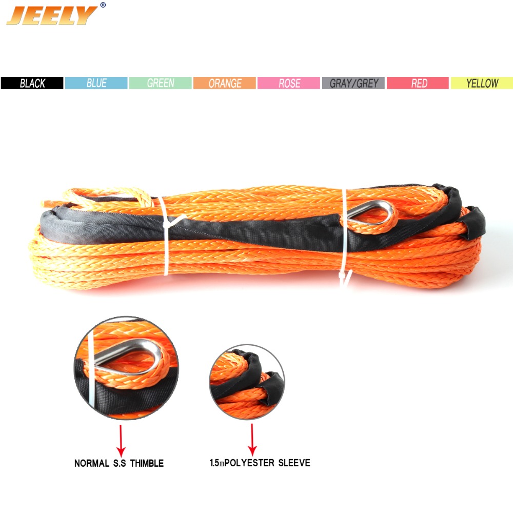 JEELY 6mm*24m/30m/50m 12 strand off-road uhmwpe synthetic towing winch rope with 1.5m sleeve and thimble for ATV/UTV/SUV/4X4/4WD