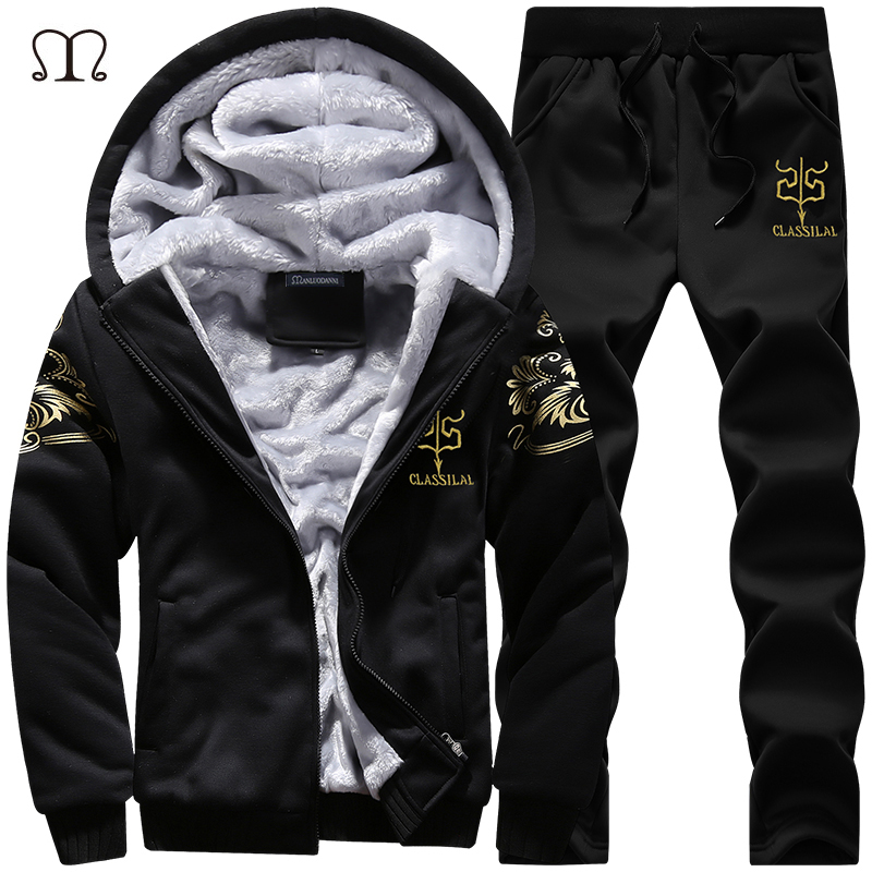 Winter Thick Inner Wool Hoodie Men Hat Casual Warm Suit Men Zipper Active Suits For Men Outwear + Pants Moletons Masculino 2019