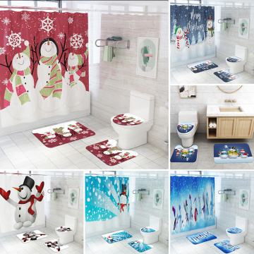 3D Christmas Snowman Shower Curtain Print Toilet Bath Curtain With Hooks For Bathroom waterproof Shower Curtain Four-Piece Set