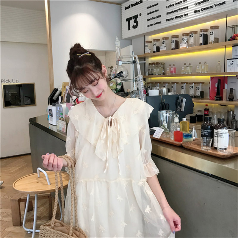 HziriP Hot Sale Apricot Chiffon Peter Pan Collar Embroidery 2020 Chic Sweet Fresh Girls Fairy Butterfly High Quality Dresses