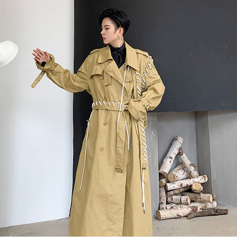 IEFB /men and women's wear 2021 spring streetwear new trench Personality Rope Design Asymmetry patchwork long coat loose 9Y989