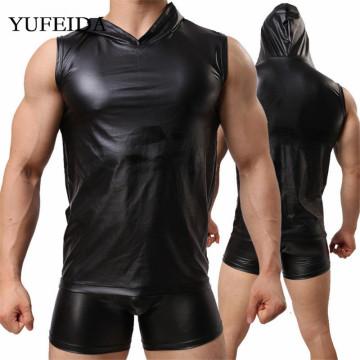 Men Clothes Sexy Mens Undershirts PU Leather WetLook Sleeveless Hooded Vest Tops Boxer Shorts Underwear Stage Dance Clubwear New