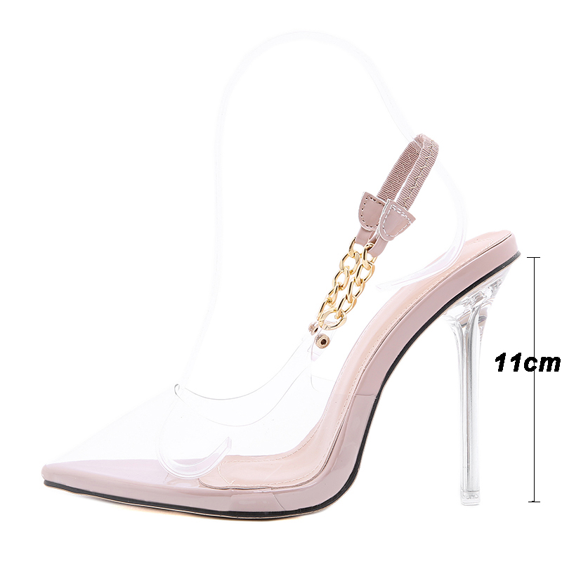 Kcenid Transparent Pumps Women Sexy Pointed Toe Chain Design Crystal Heel Ladies Shoes Stiletto High Heels Wedding Dress Shoes