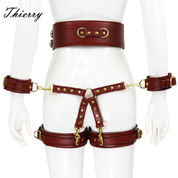 Thierry SM toys PU leather bondage set include belt, handcuffs, legcuffs, center connection, adult games sex toys for women