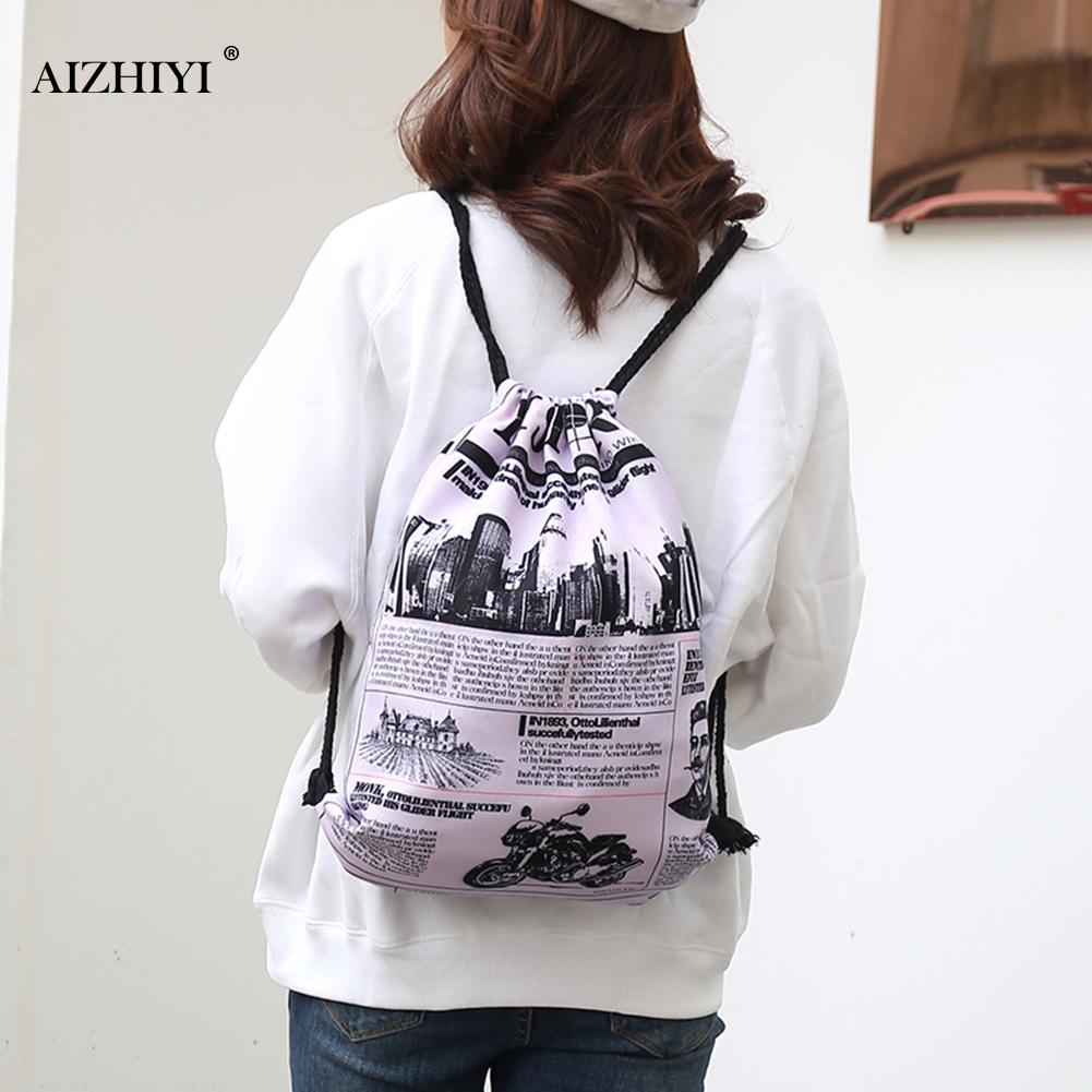Newspaper Printed Drawstring Backpack Outdoor Sports Shoulder Bags Oxford Cloth Portable Travel Daily Rucksack