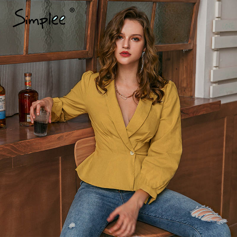 Simplee Sexy solid deep V Cotton women blouse shirt summer Long sleeveless top blouse summer casual office Streetwear blouse