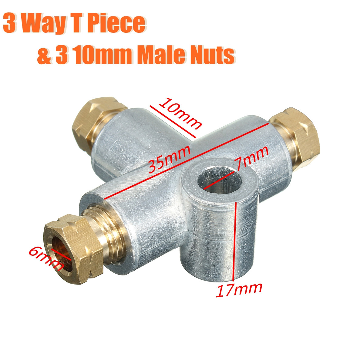 New Silver 3 Way T Piece Tee Brake Pipe With 3 M10 Male Nuts Short Metric Copper 3/16 10mm Inch Distributor Replacement Parts