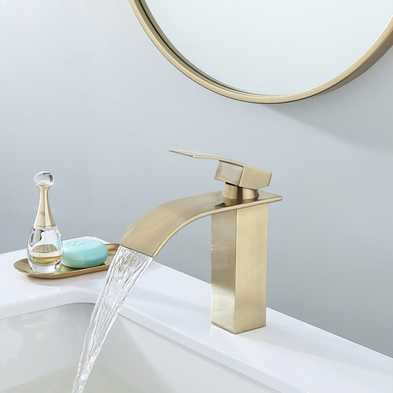 Tuqiu Hot cold basin faucet Waterfall Bathroom Vanity Sink Faucet Single Lever Brush gold Brass Hot and cold Basin Washing Taps