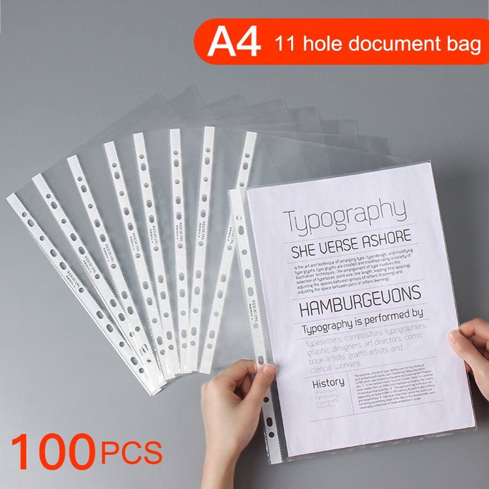 100Pcs A4 Folder Bags Plastic Transparent Punched Pocket Folders Filing 11 Holes Loose Leaf Document Sheet Protectors Folder Bag