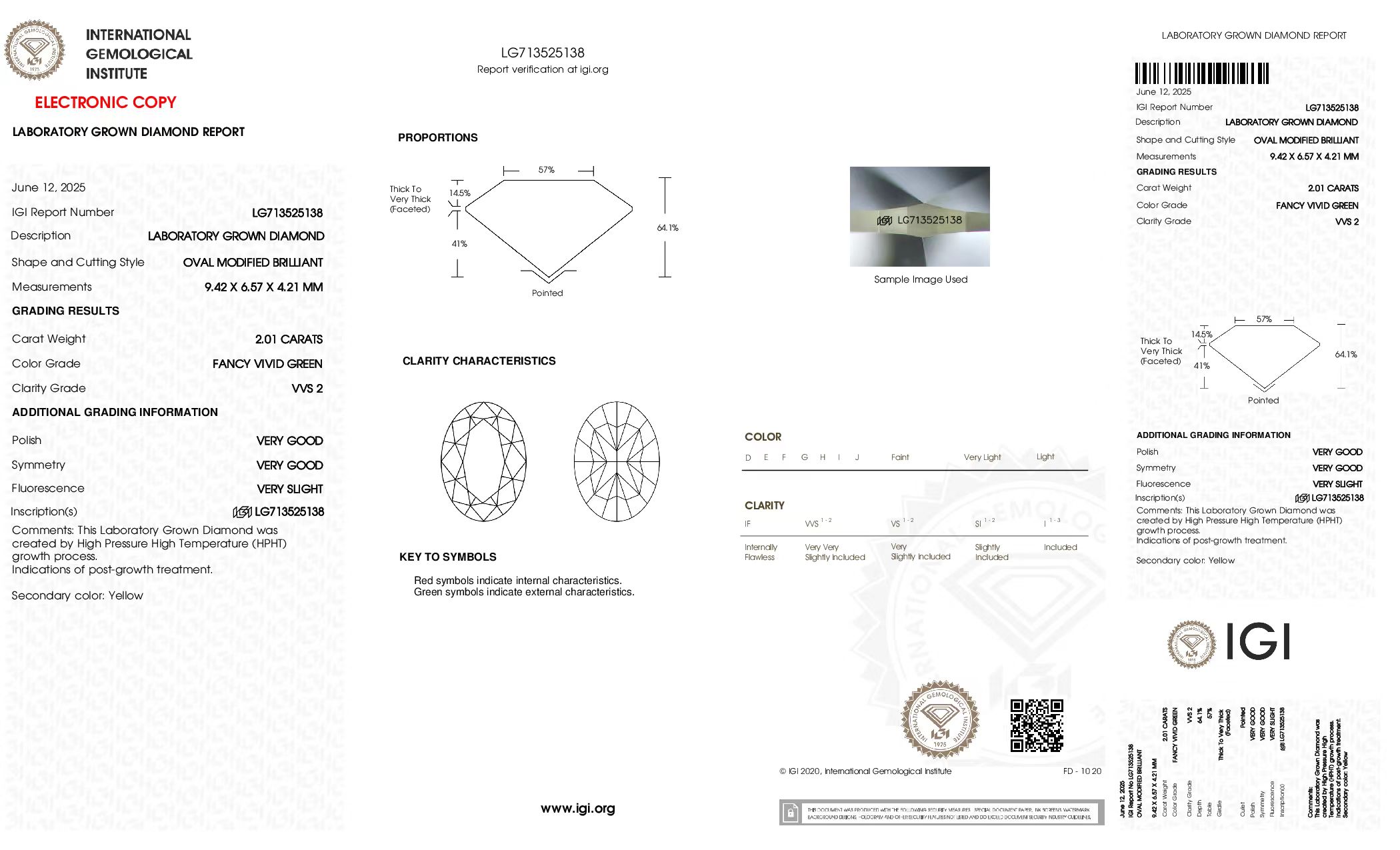 IGI report LG713525138 for a 2.01 carat Fancy Vivid Green VVS2 oval lab grown diamond