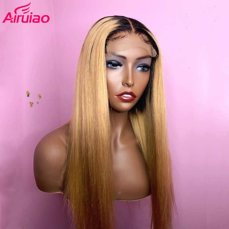 HD Transparent Colored Long Straight Human Hair Wig 1b 27 Ombre Honey Blonde Lace Front Wigs For Black Women Frontal Pre Plucked
