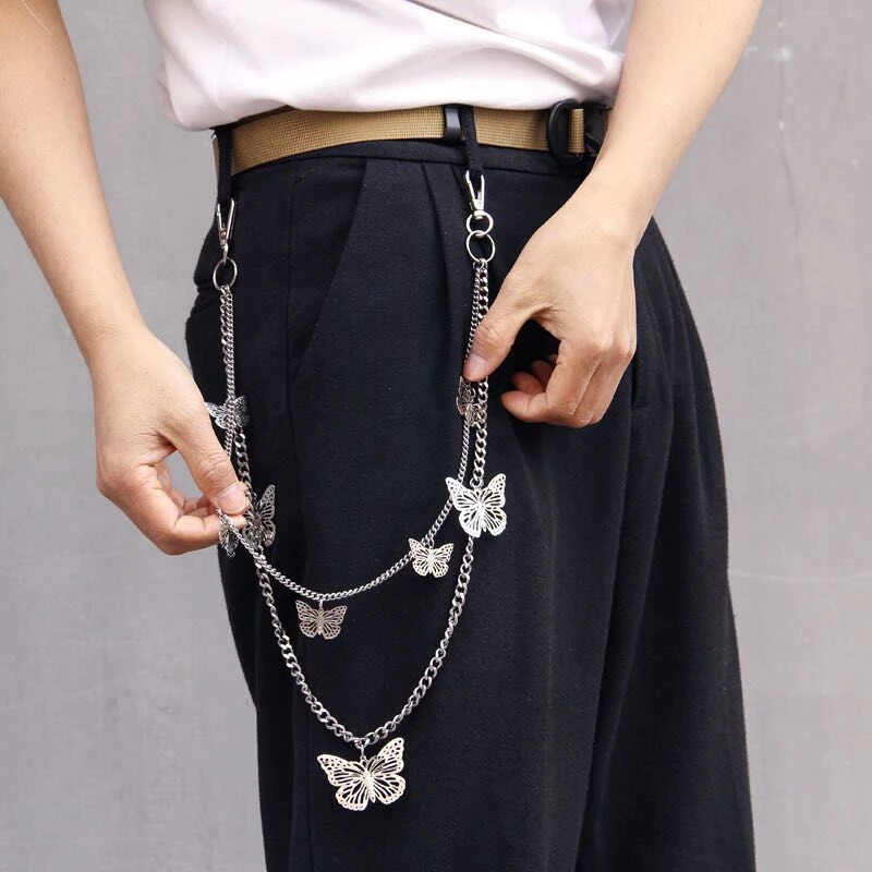 New Fashion Women Two Layer Butterfly Chains For Pant Rock Hiphop Punk Waist Chain Belts Trousers Keychain Key Chain Jewelry