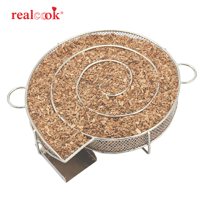 Realcook Charcoal Barbecue Smoker Round Cold Smoke Generator Outdoor Wood Chip BBQ Basket Tool For Grill Kitchen Smoking Cooking