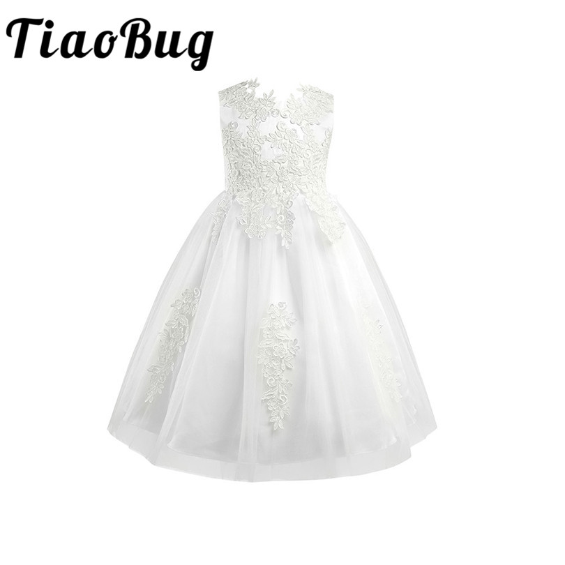 White/Ivory Sleeveless Tea Length First Communion Flower Girl Dresses for Kids Floral Lace Pageant Weddings Party Prom Gown