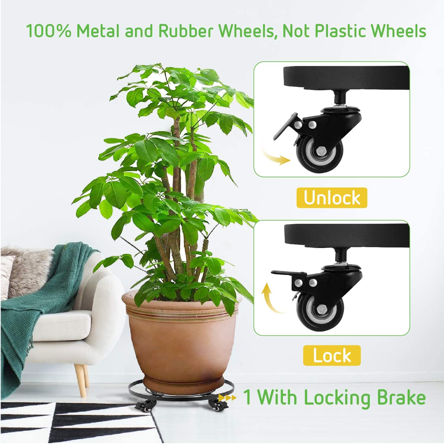 AMKOY Metal Round Flower Plant Pot Tray 4 Wheels Heavy Planter Flowers Pot Mover Trolley Plate Stand Holder Garden Tools