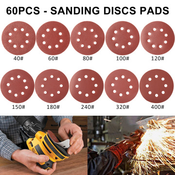 60pcs 5 Inch 125mm Round Sandpaper Eight Hole Disk Sand Sheets Grit 40-400 Hook and Loop Sanding Disc Polish